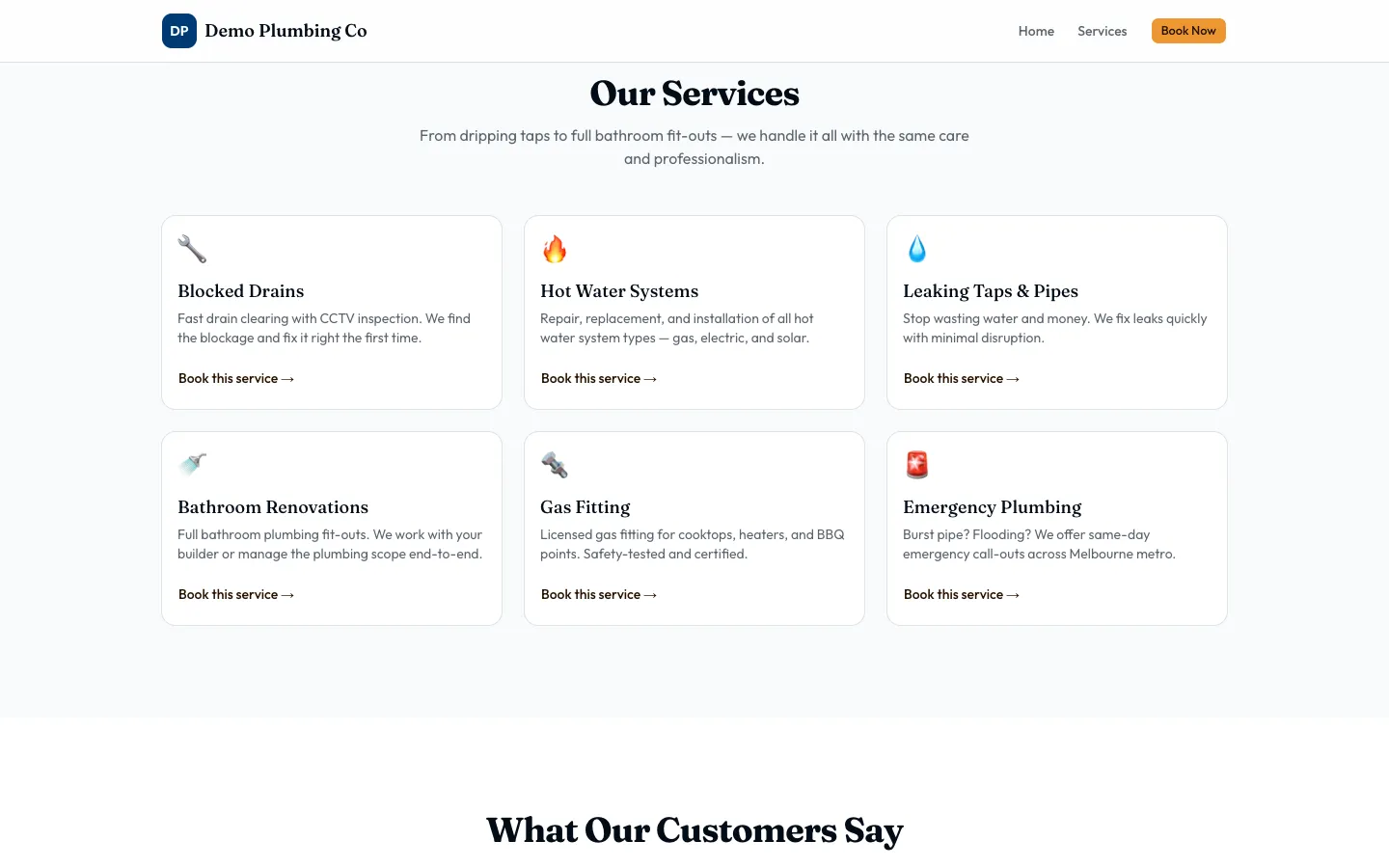 Booking website demo: landing page a customer books through