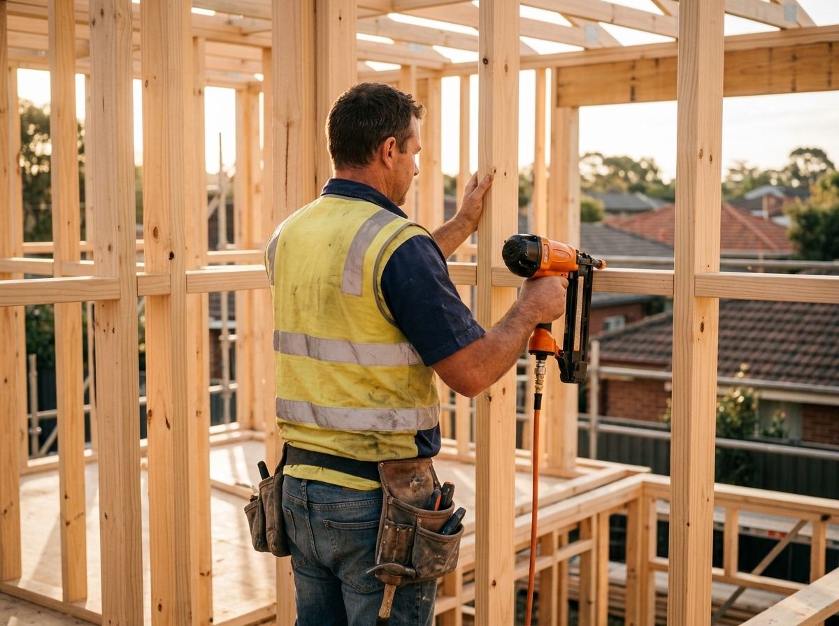 Builder fixing timber framing