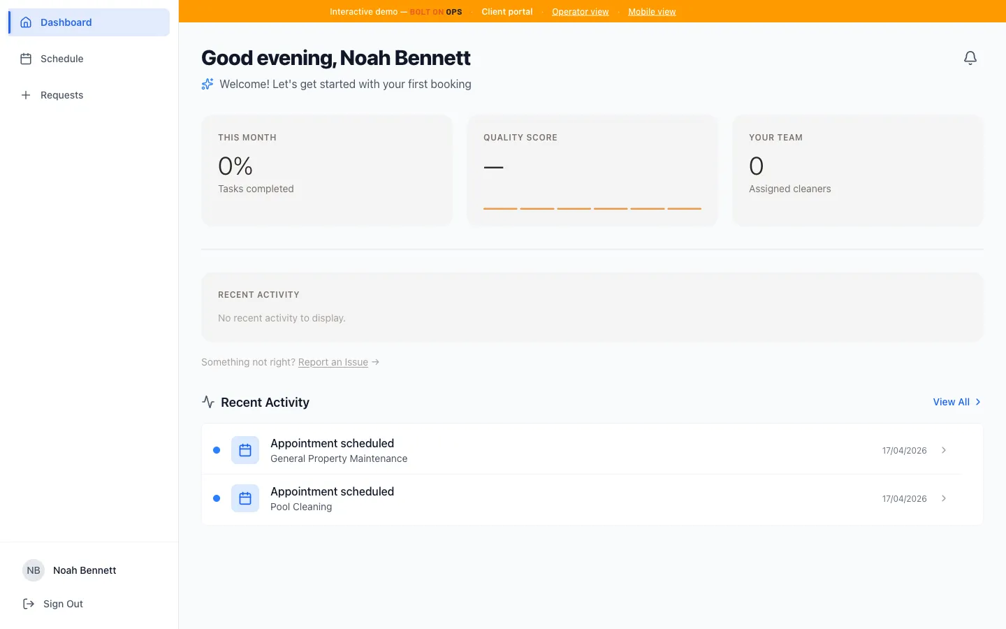 Client dashboard demo: portal with job progress and recent activity