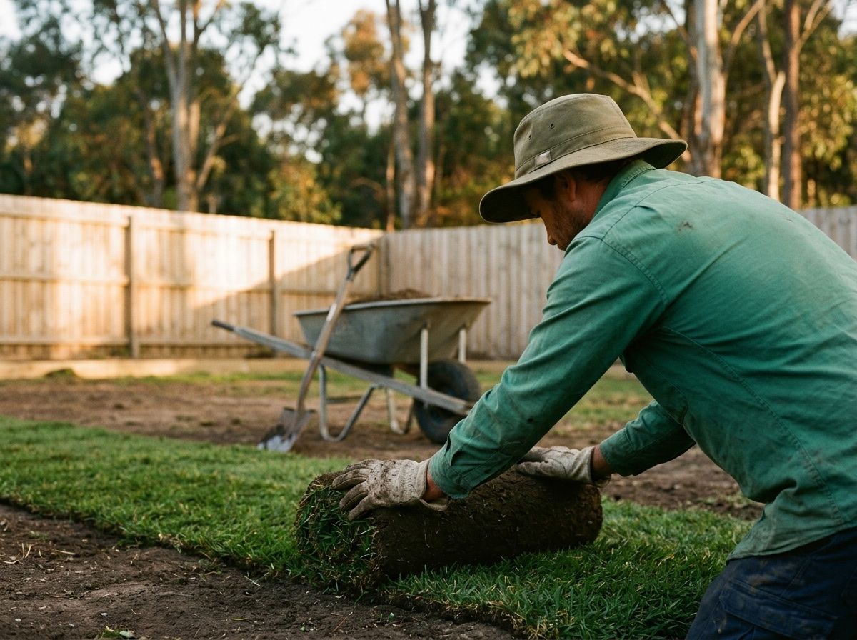 Landscaper laying fresh turf