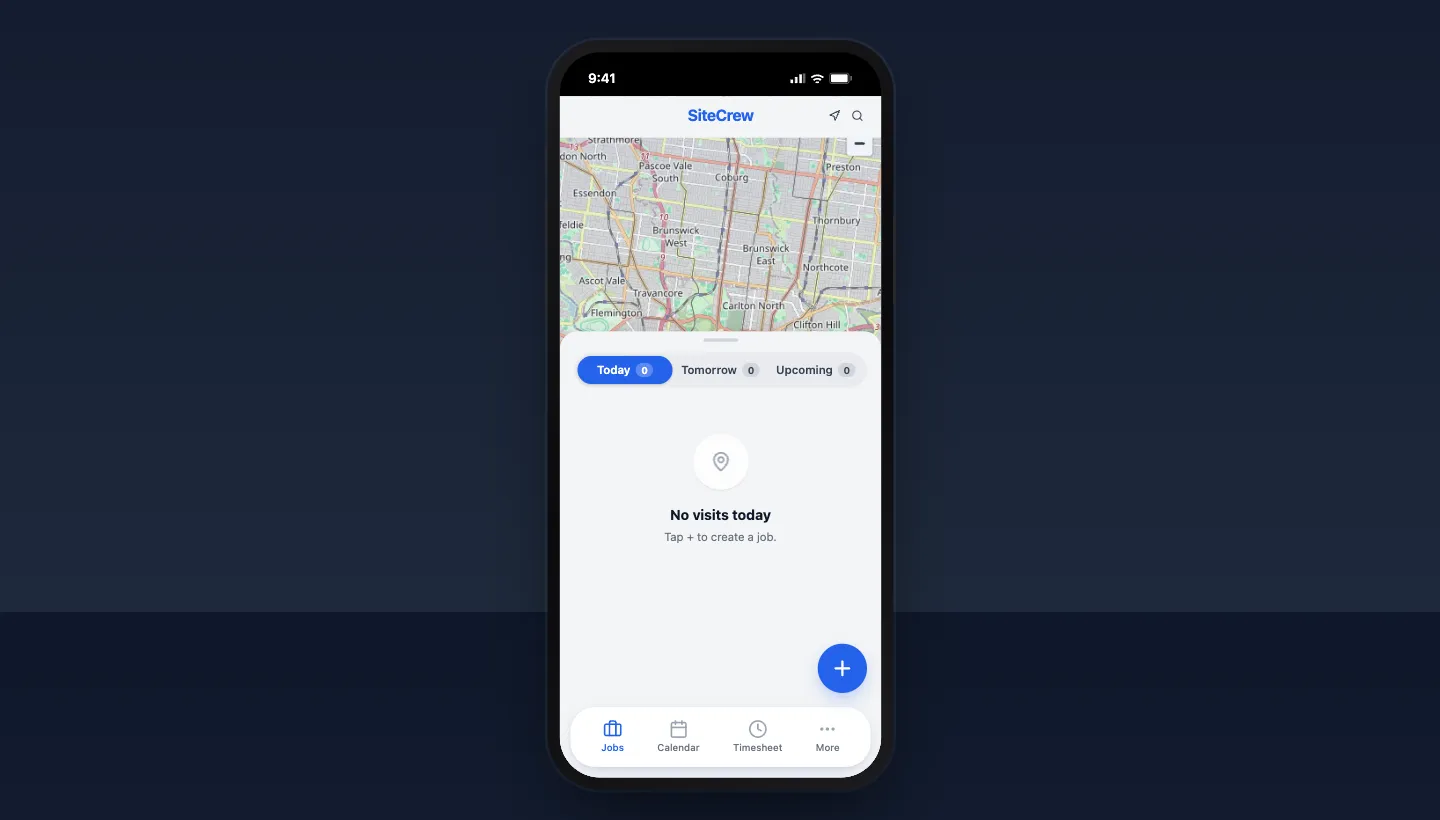 Mobile worker app demo: crew phone view with today's jobs on a map