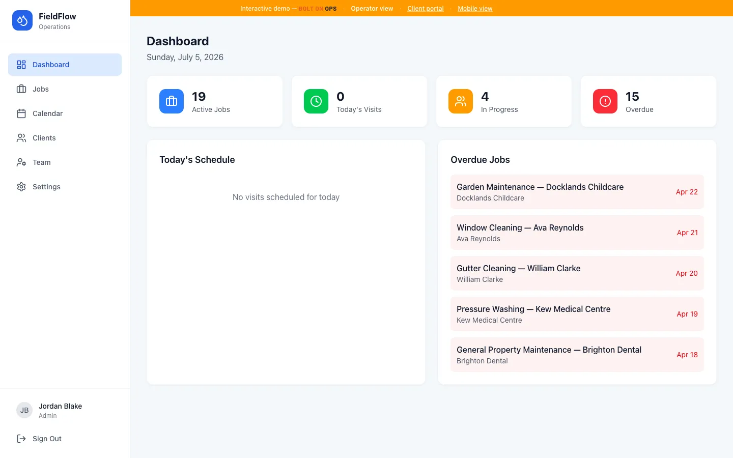 Field service app operator dashboard with schedule, job stats and overdue list on one screen