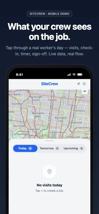 Mobile worker app on a phone showing the map and job list a crew member sees
