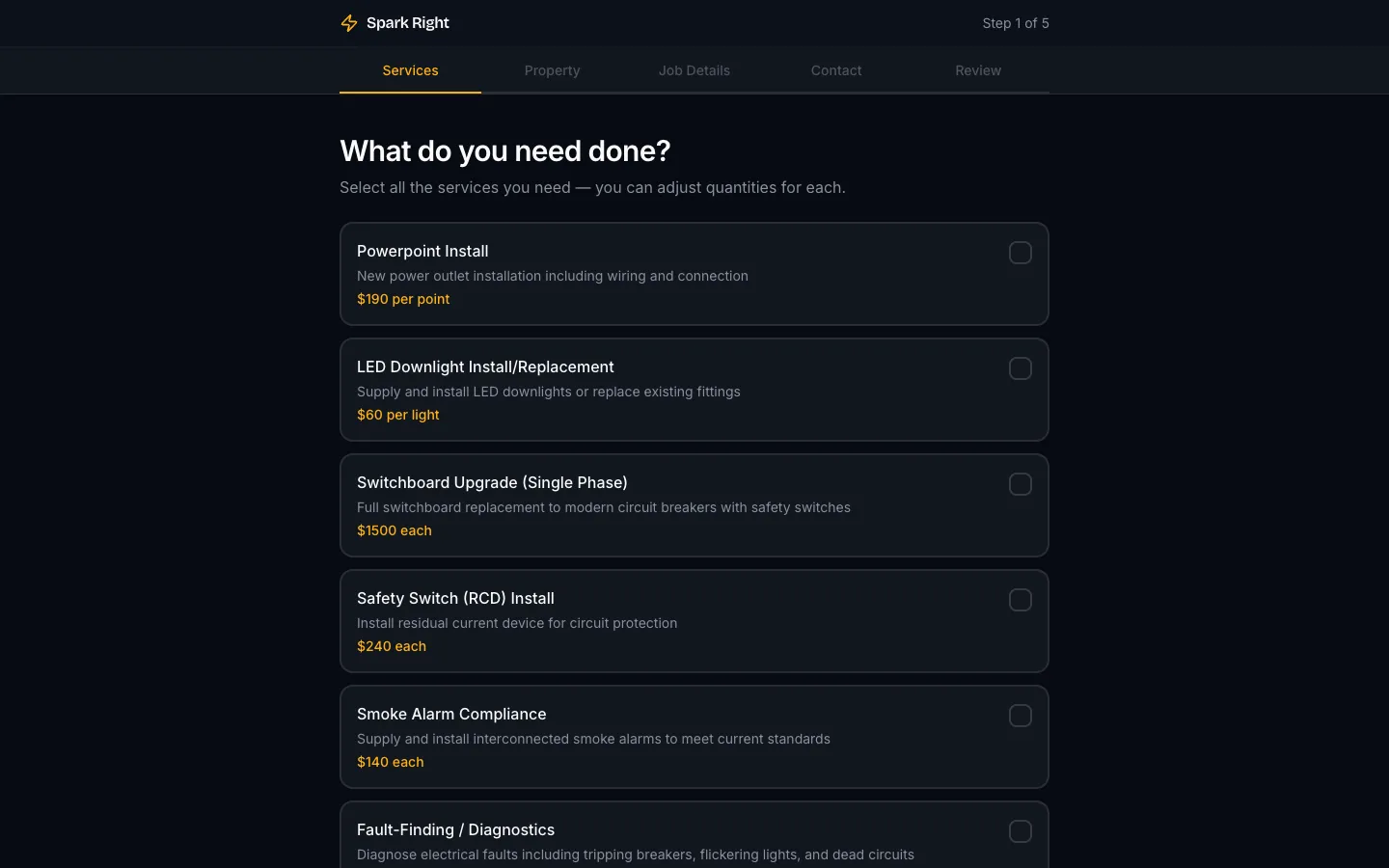 Quoting tool demo: step one of the priced quote builder